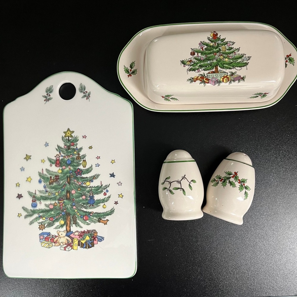 Spode Christmas Tree Hostess Set Butter Dish Salt Pepper Shakers Cutting Board